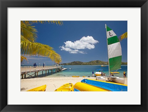 Framed Jetty, boats and hobie cat, Plantation Island Resort, Malolo Lailai Island, Mamanuca Islands, Fiji Print