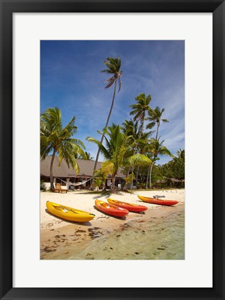 Framed Kayak on the beach, and waterfront bure, Mamanuca Islands, Fiji Print