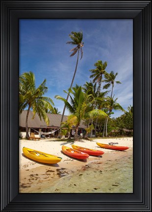 Framed Kayak on the beach, and waterfront bure, Mamanuca Islands, Fiji Print
