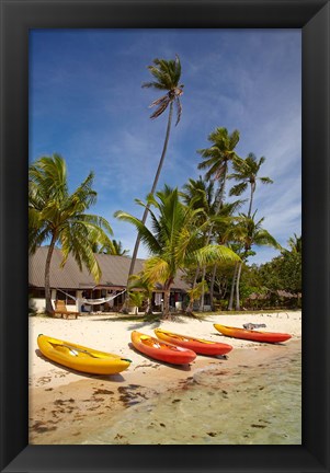 Framed Kayak on the beach, and waterfront bure, Mamanuca Islands, Fiji Print