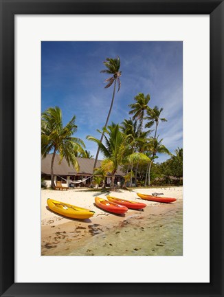 Framed Kayak on the beach, and waterfront bure, Mamanuca Islands, Fiji Print