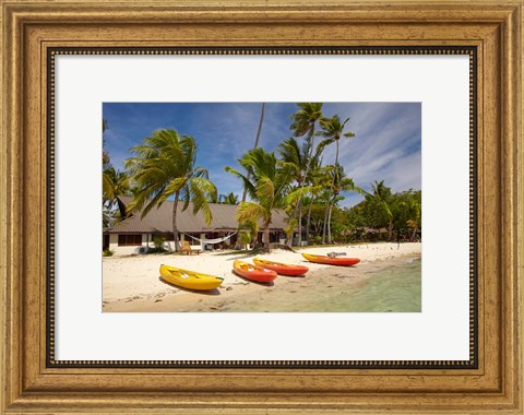Framed Kayak on the beach, and waterfront bure, Plantation Island Resort, Malolo Lailai Island, Mamanuca Islands, Fiji Print