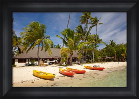 Framed Kayak on the beach, and waterfront bure, Plantation Island Resort, Malolo Lailai Island, Mamanuca Islands, Fiji Print