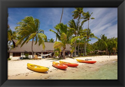 Framed Kayak on the beach, and waterfront bure, Plantation Island Resort, Malolo Lailai Island, Mamanuca Islands, Fiji Print