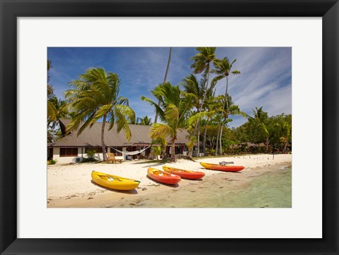 Framed Kayak on the beach, and waterfront bure, Plantation Island Resort, Malolo Lailai Island, Mamanuca Islands, Fiji Print