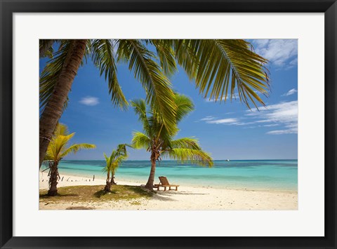 Framed Beach, palm trees and lounger, Plantation Island Resort, Malolo Lailai Island, Mamanuca Islands, Fiji Print