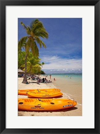 Framed Kayaks and beach, Shangri-La Fijian Resort, Yanuca Island, Coral Coast, Viti Levu, Fiji Print