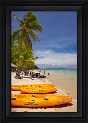 Framed Kayaks and beach, Shangri-La Fijian Resort, Yanuca Island, Coral Coast, Viti Levu, Fiji Print