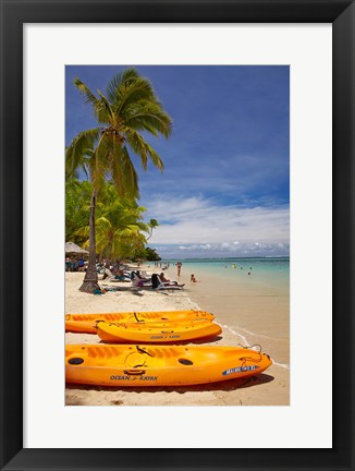 Framed Kayaks and beach, Shangri-La Fijian Resort, Yanuca Island, Coral Coast, Viti Levu, Fiji Print