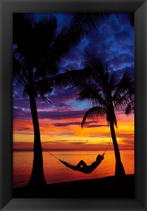 Framed Woman in hammock, and palm trees at sunset, Coral Coast, Viti Levu, Fiji Print