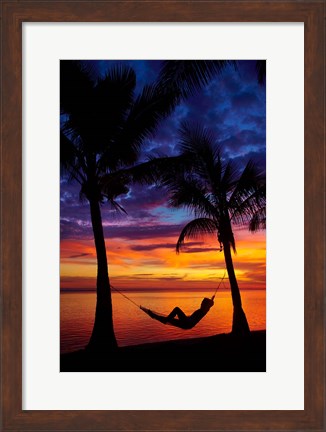Framed Woman in hammock, and palm trees at sunset, Coral Coast, Viti Levu, Fiji Print