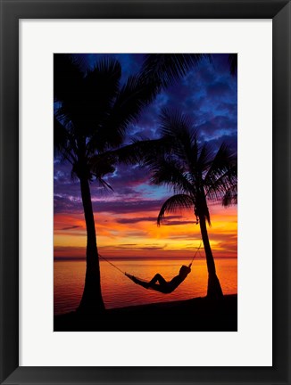 Framed Woman in hammock, and palm trees at sunset, Coral Coast, Viti Levu, Fiji Print