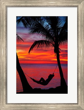 Framed Woman in hammock, and palm trees at sunset, Fiji Print