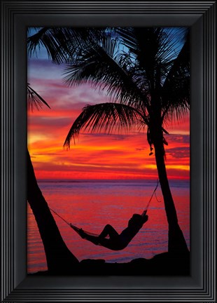 Framed Woman in hammock, and palm trees at sunset, Fiji Print