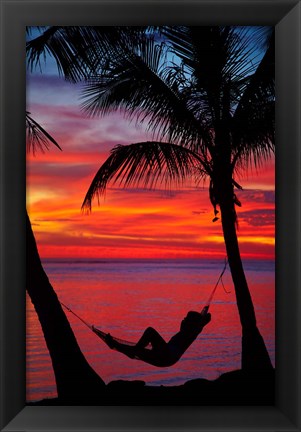 Framed Woman in hammock, and palm trees at sunset, Fiji Print