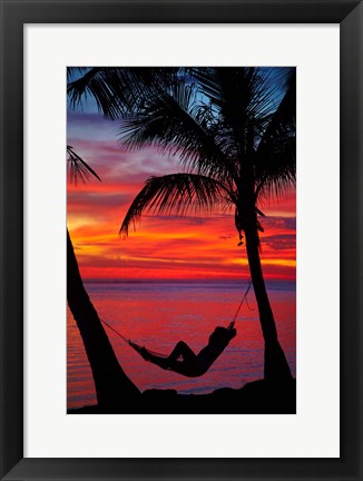 Framed Woman in hammock, and palm trees at sunset, Fiji Print