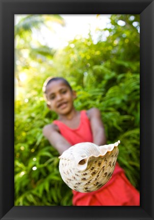 Framed Village boy with large sea shell, Beqa Island, Fiji Print