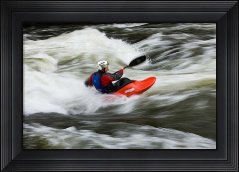 Framed Kayaker plays in a hole in Tariffville Gorge, Farmington River in Tariffville, Connecticut Print