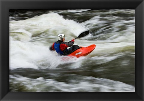 Framed Kayaker plays in a hole in Tariffville Gorge, Farmington River in Tariffville, Connecticut Print