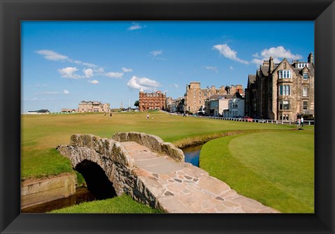 Framed Golfing the Swilcan Bridge on the 18th Hole, St Andrews Golf Course, Scotland Print