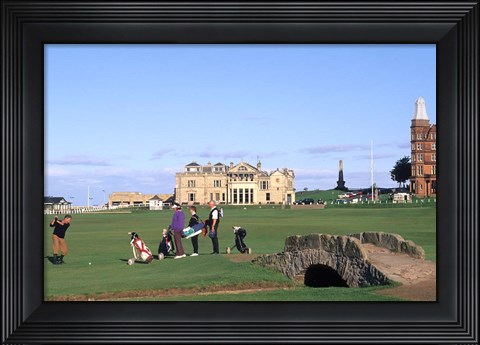 Framed 18th Hole and Fairway at Swilken Bridge Golf, St Andrews Golf Course, St Andrews, Scotland Print