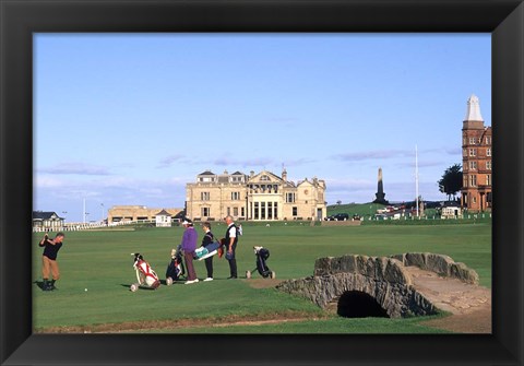 Framed 18th Hole and Fairway at Swilken Bridge Golf, St Andrews Golf Course, St Andrews, Scotland Print