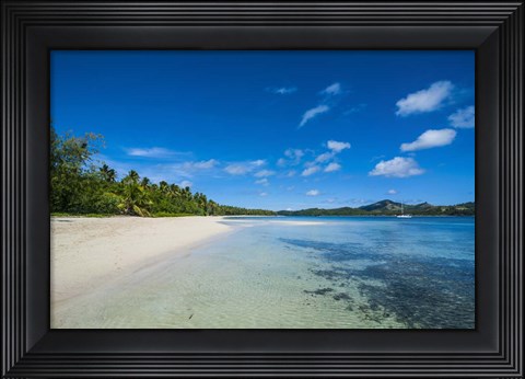 Framed White sand beach and turquoise water, Nanuya Lailai Island, Blue Lagoon, Yasawa, Fiji Print