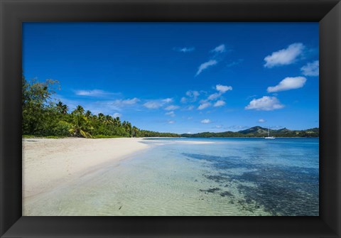 Framed White sand beach and turquoise water, Nanuya Lailai Island, Blue Lagoon, Yasawa, Fiji Print