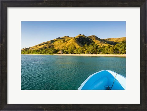 Framed Blue boat cruising through the Yasawa, Fiji, South Pacific Print