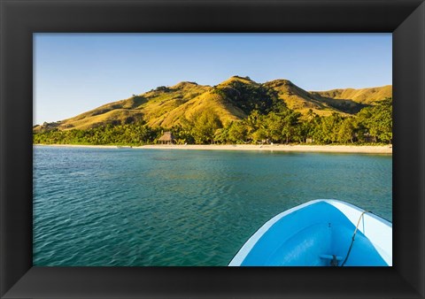 Framed Blue boat cruising through the Yasawa, Fiji, South Pacific Print