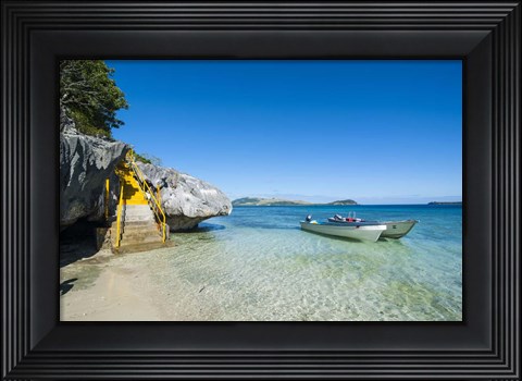 Framed Little motorboats anchoring before the Sawa-I-Lau Caves, Yasawa, Fiji, South Pacific Print