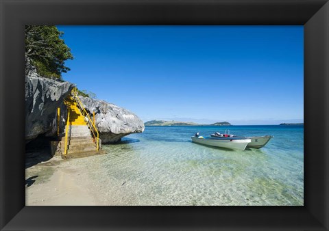 Framed Little motorboats anchoring before the Sawa-I-Lau Caves, Yasawa, Fiji, South Pacific Print