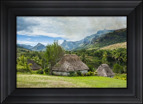 Framed Traditional thatched roofed huts in Navala in the Ba Highlands of Viti Levu, Fiji Print