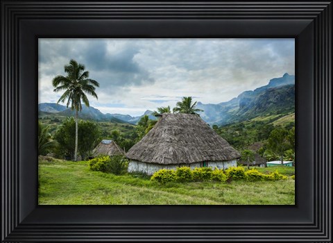Framed Traditional thatched roofed huts in Navala, Fiji, South Pacific Print