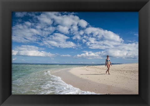 Framed Woman walking on white sand beach of Beachcomber Island, Mamanucas Islands, Fiji Print