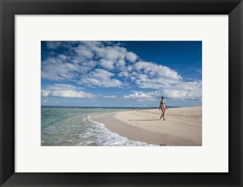 Framed Woman walking on white sand beach of Beachcomber Island, Mamanucas Islands, Fiji Print