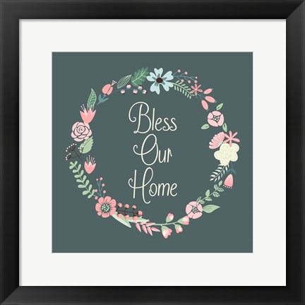 Framed Bless Our Home Floral Teal Print