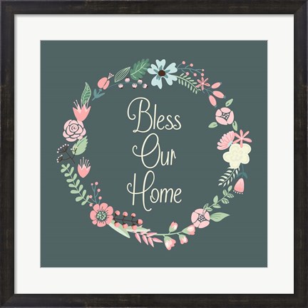 Framed Bless Our Home Floral Teal Print
