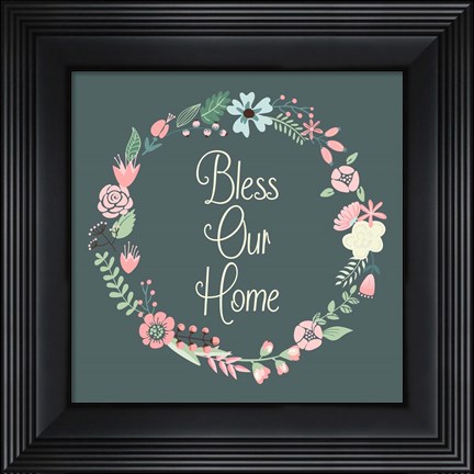 Framed Bless Our Home Floral Teal Print