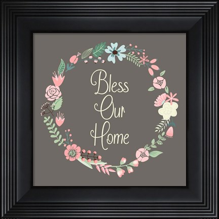 Framed Bless Our Home Floral Brown Print