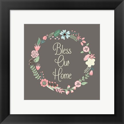 Framed Bless Our Home Floral Brown Print