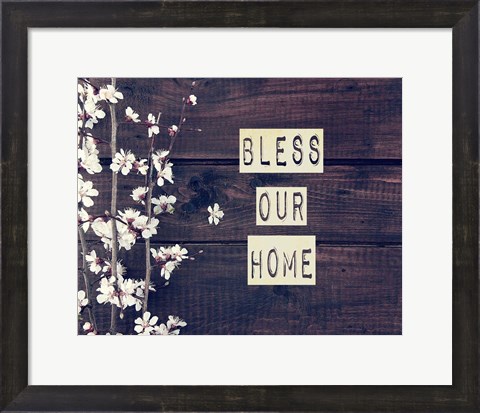 Framed Bless Our Home Flowers on Wood Background Print