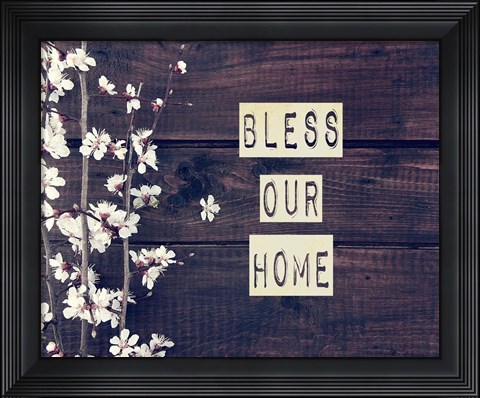 Framed Bless Our Home Flowers on Wood Background Print