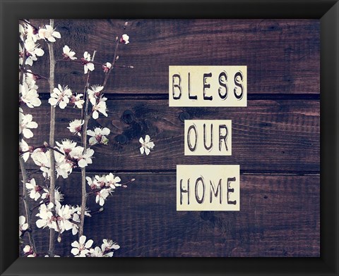 Framed Bless Our Home Flowers on Wood Background Print