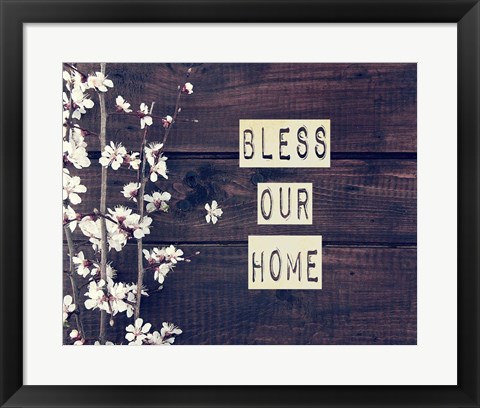 Framed Bless Our Home Flowers on Wood Background Print