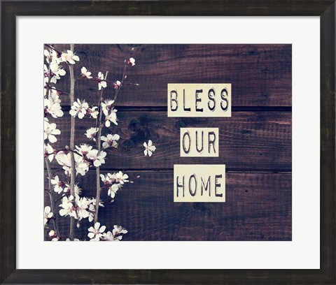 Framed Bless Our Home Flowers on Wood Background Print