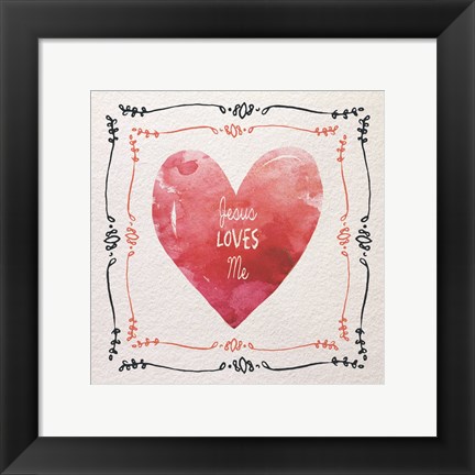 Framed Watercolor Heart Jesus Loves Me Print