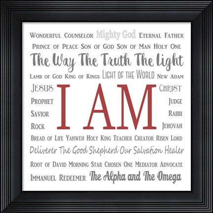 Framed Names of Jesus Square Gray and Red Text Print