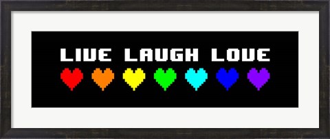Framed Live Laugh Love -  Black Panoramic with Pixel Hearts Print