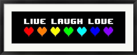 Framed Live Laugh Love -  Black Panoramic with Pixel Hearts Print